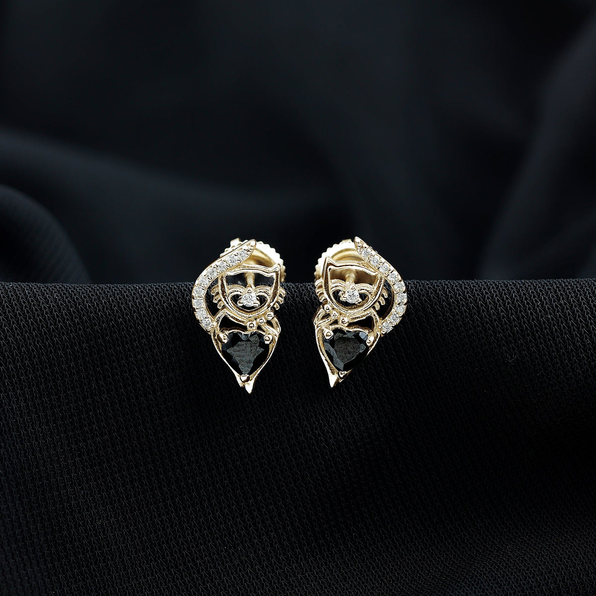 Heart Shape Black Onyx and Diamond Cat Stud Earrings