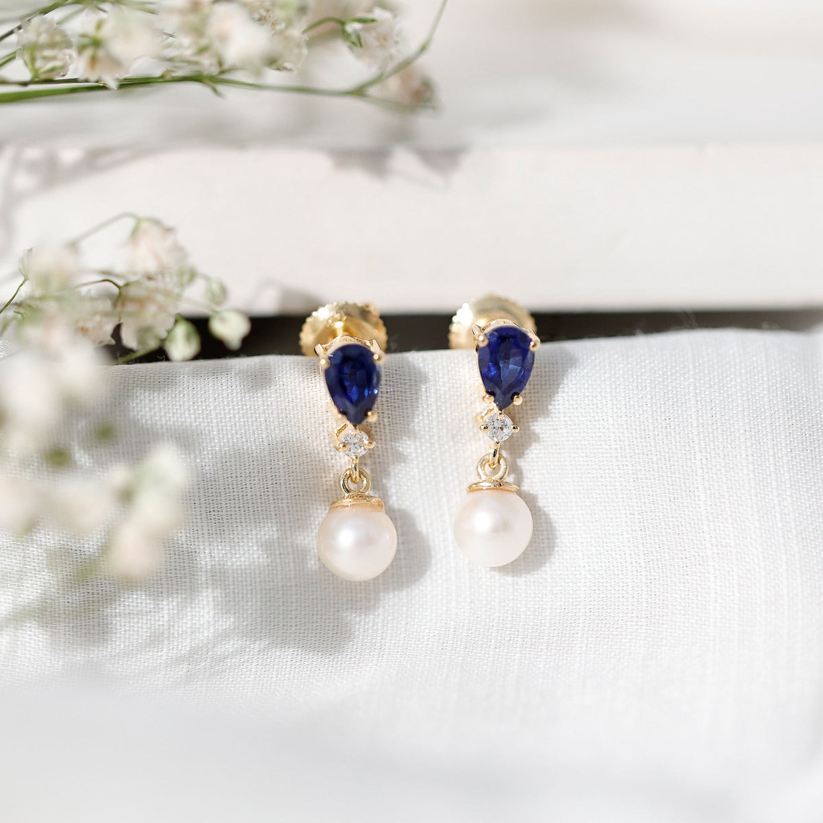 Natural 4 Carat Freshwater Pearl Drop Dangle Earrings with Lab Blue Sapphire