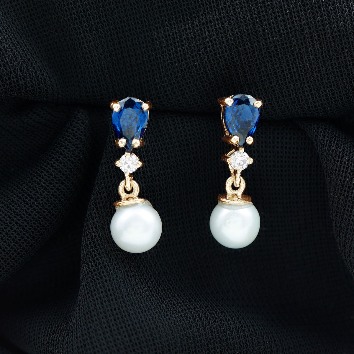 Natural 4 Carat Freshwater Pearl Drop Dangle Earrings with Lab Blue Sapphire