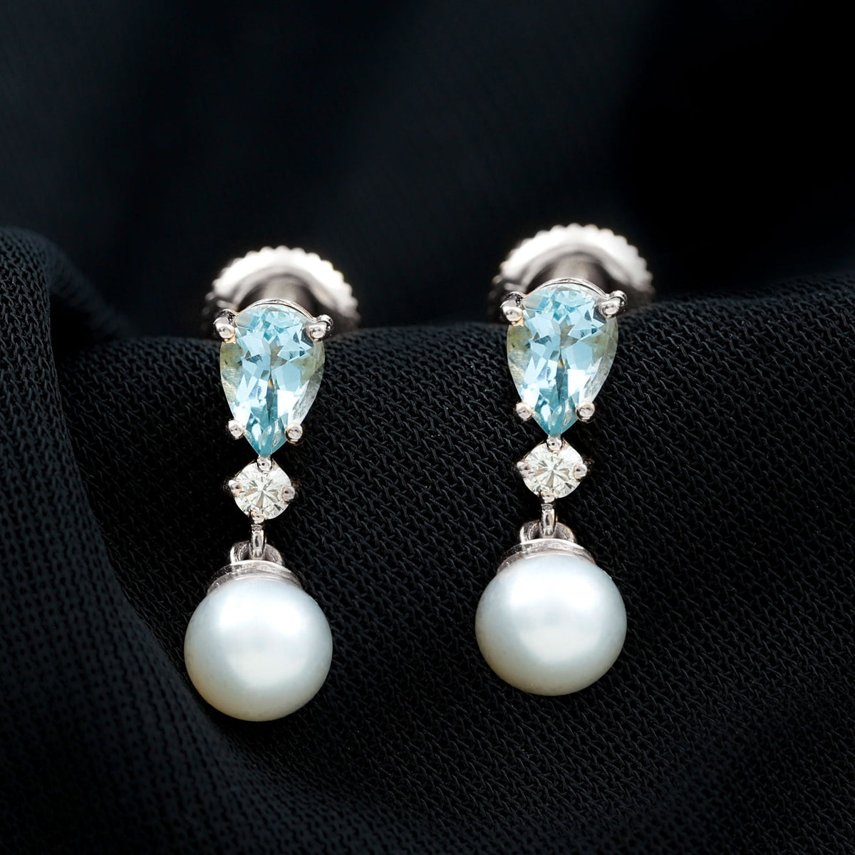 Handpicked Pearl Drop Earrings with Aquamarine and Moissanite