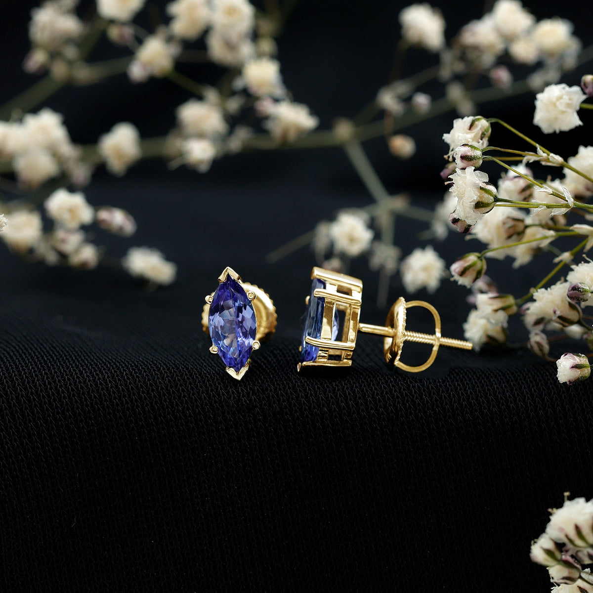 1.3 Carat Marquise Cut Tanzanite Solitaire Stud Earrings