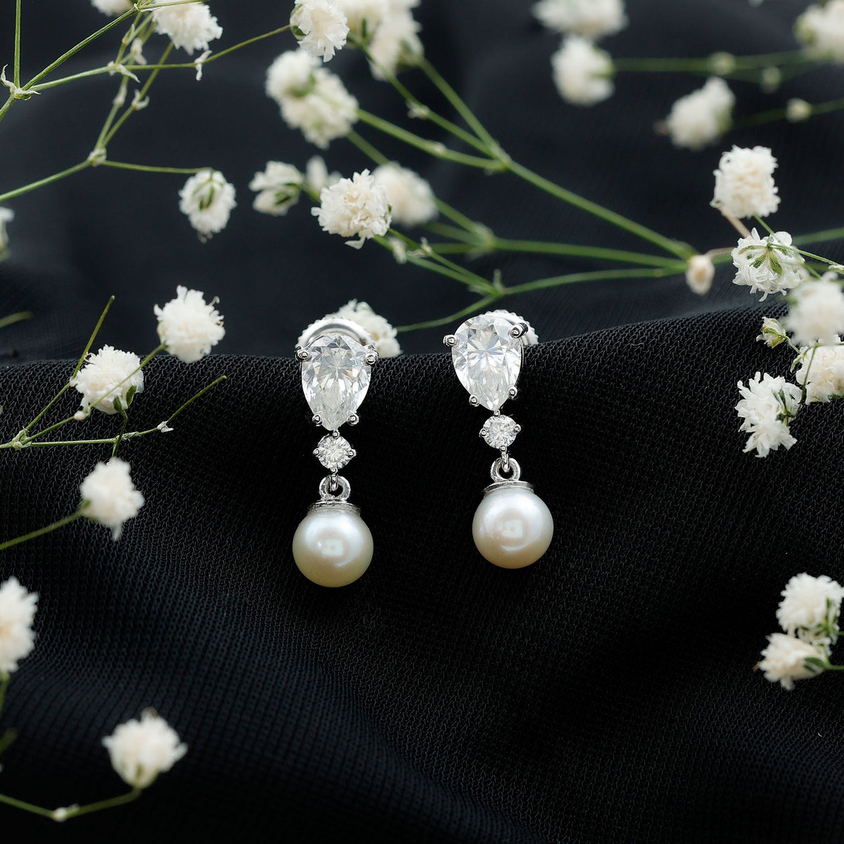 Moissanite and Freshwater Pearl Dangle Drop Earrings