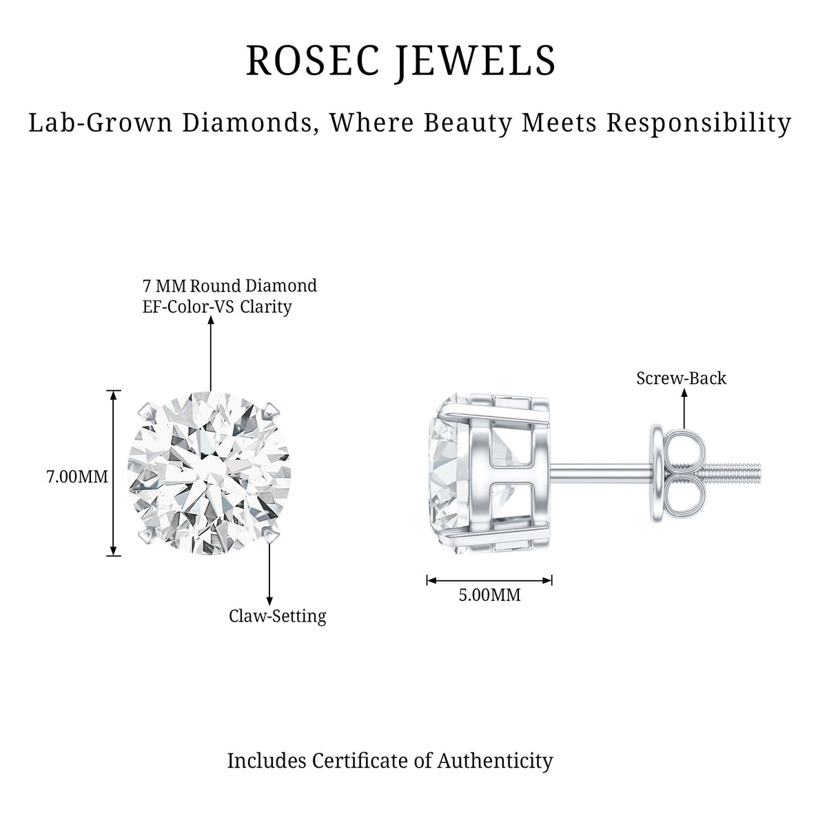 Round Cut 2.5 CT Lab Grown Diamond Solitaire Stud Earrings