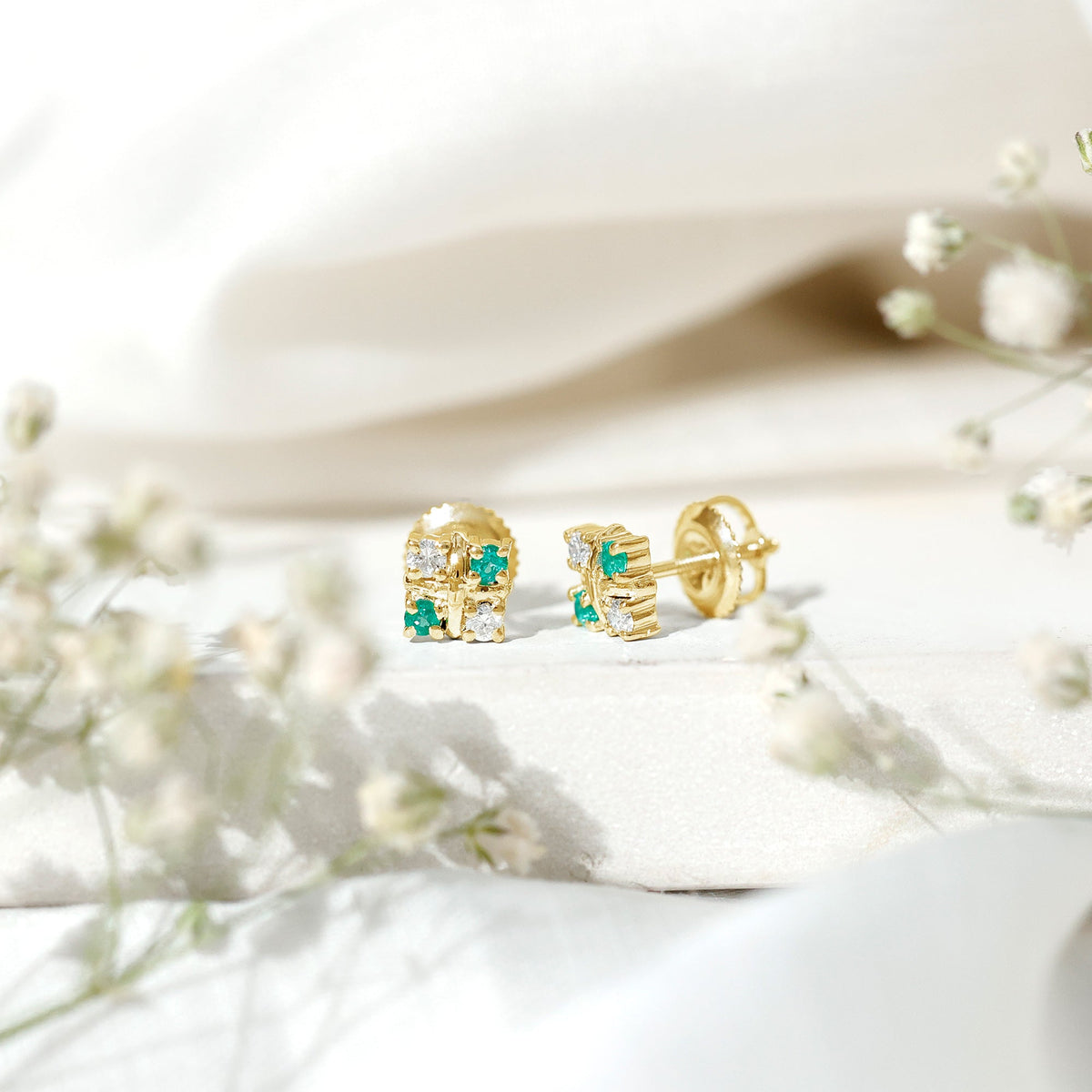 Certified Emerald and Lab Diamond Cluster Stud Earrings