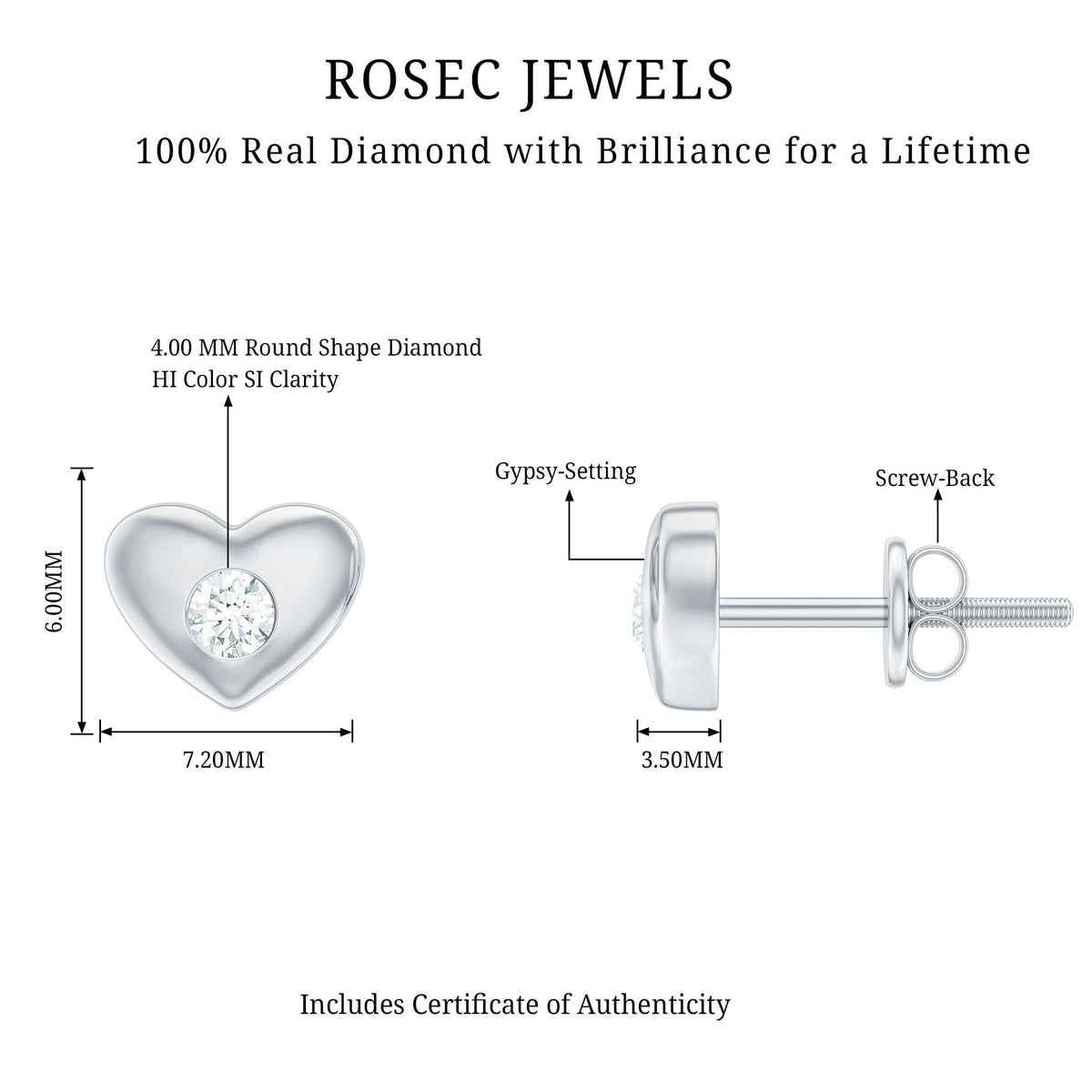 Gypsy Set Real Diamond Heart Stud Earrings