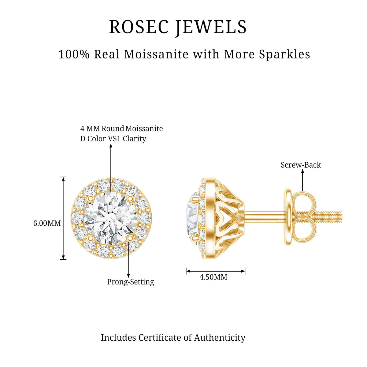 Certified Round Moissanite Halo Stud Earrings