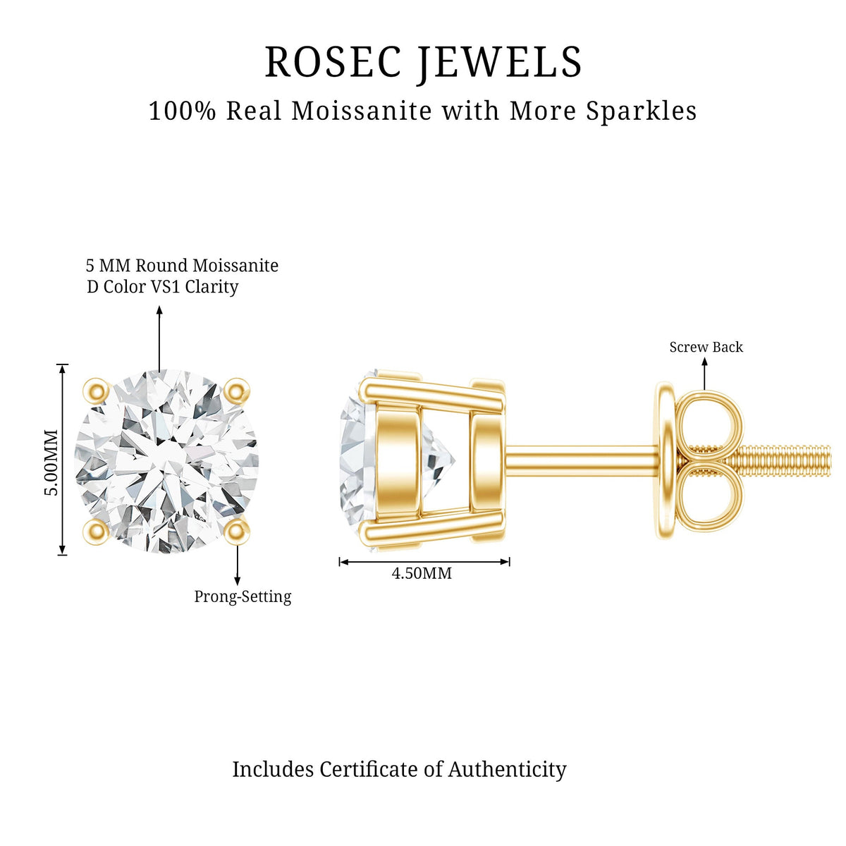 1 Carat Round Moissanite Solitaire Screw Back Stud Earrings