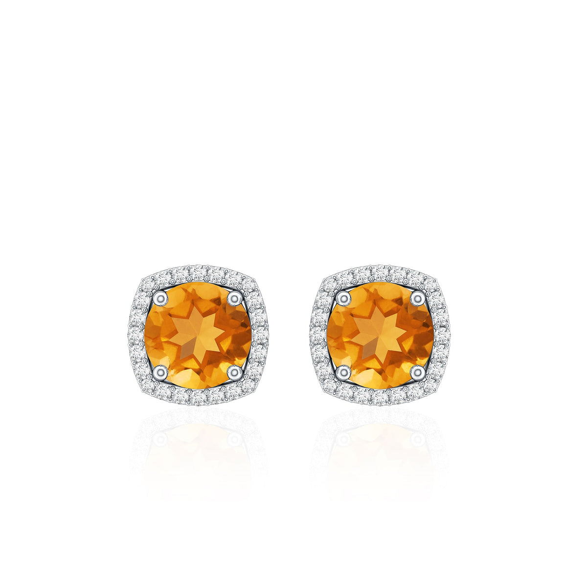 Round Shape Citrine Stud Earrings with Diamond Halo