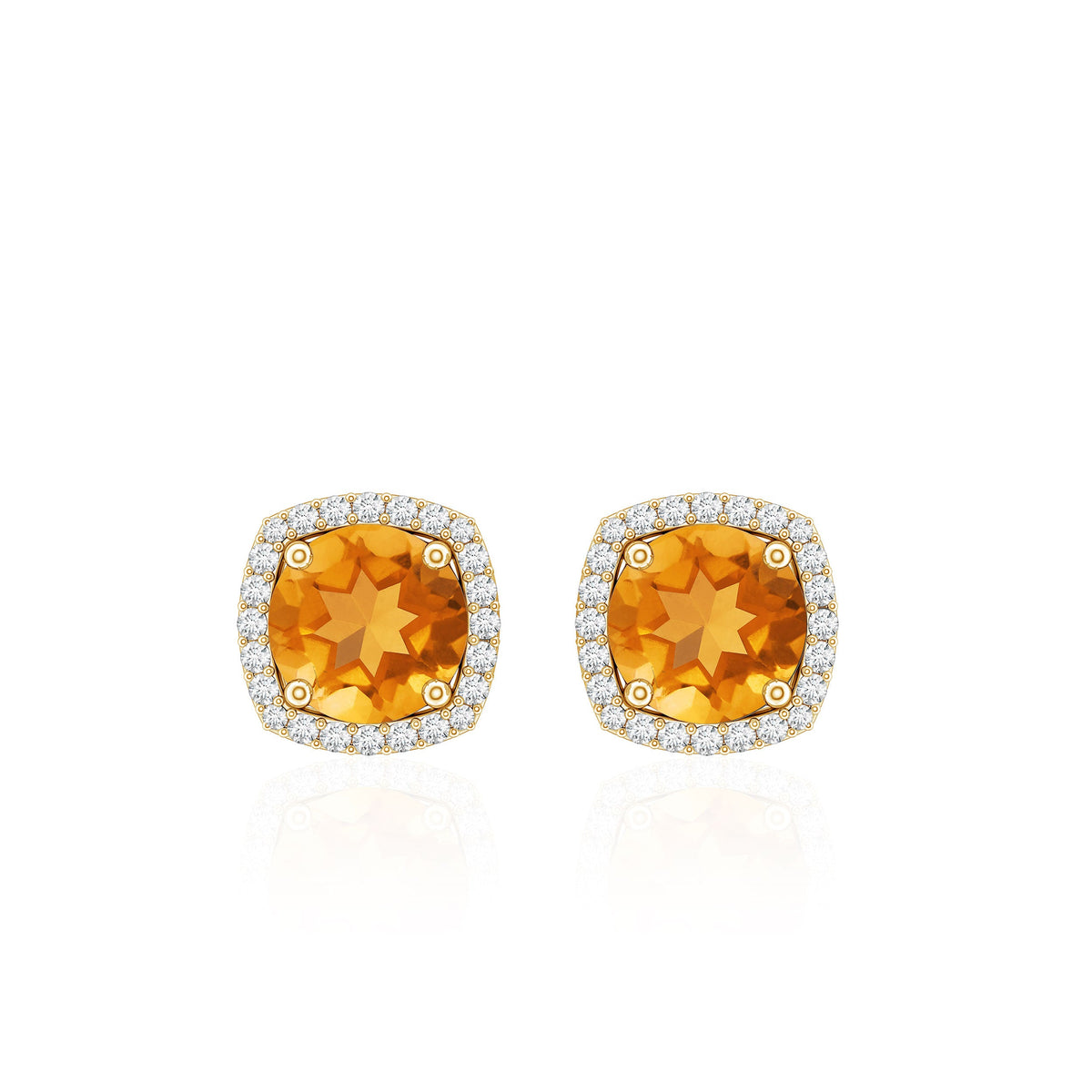 Round Shape Citrine Stud Earrings with Diamond Halo