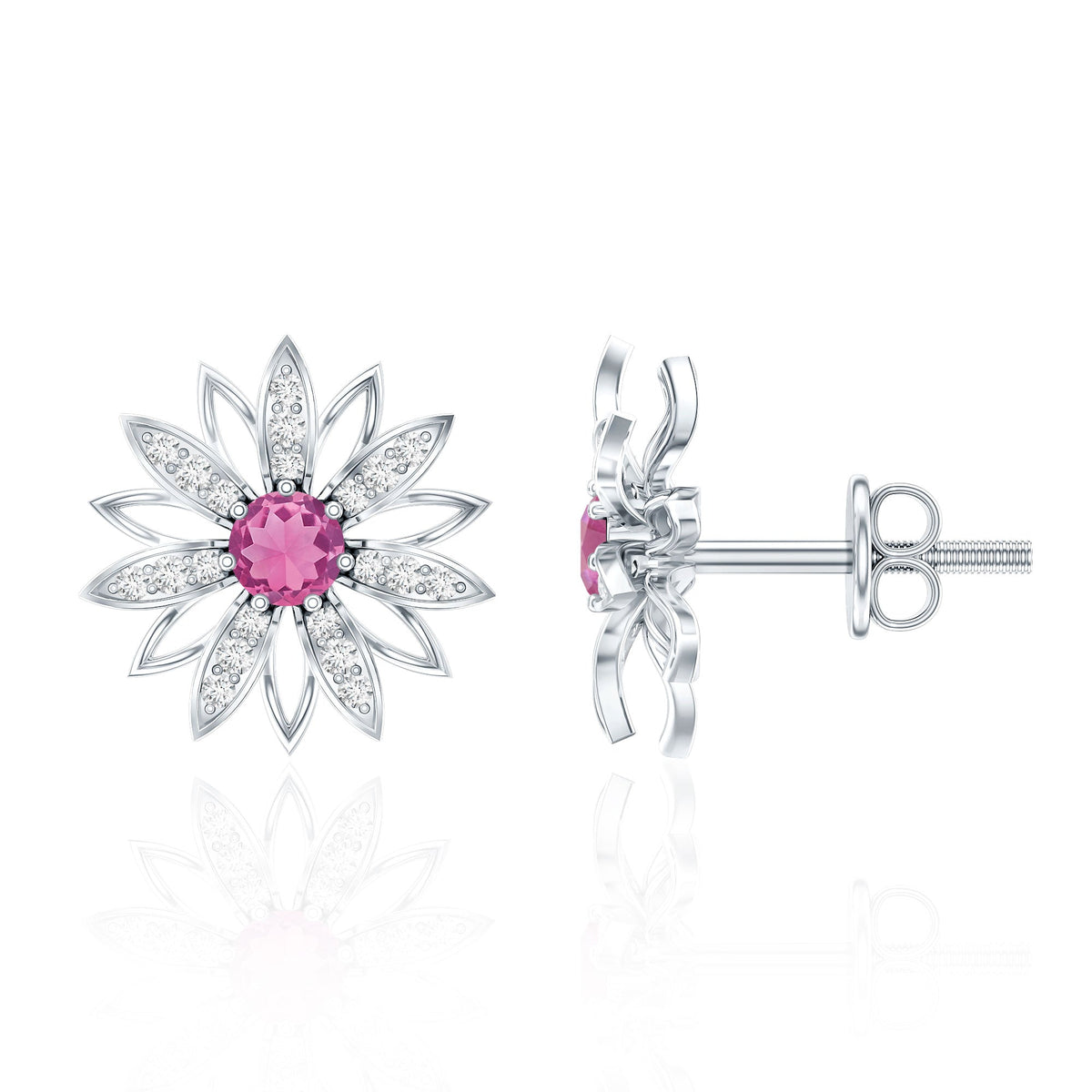 Round Pink Tourmaline Flower Stud Earrings with Diamond
