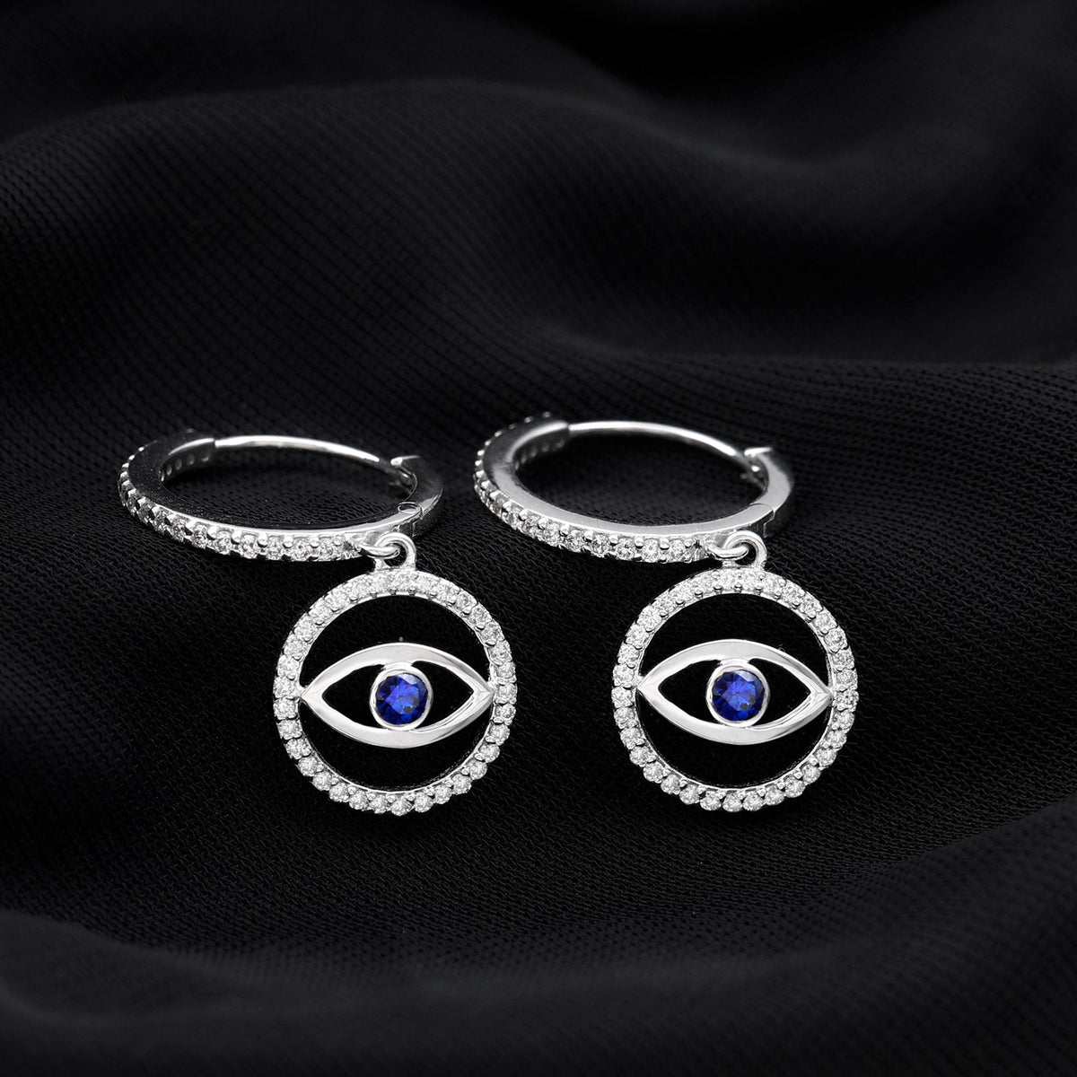 Real Blue Sapphire and Diamond Evil Eye Hoop Drop Earrings