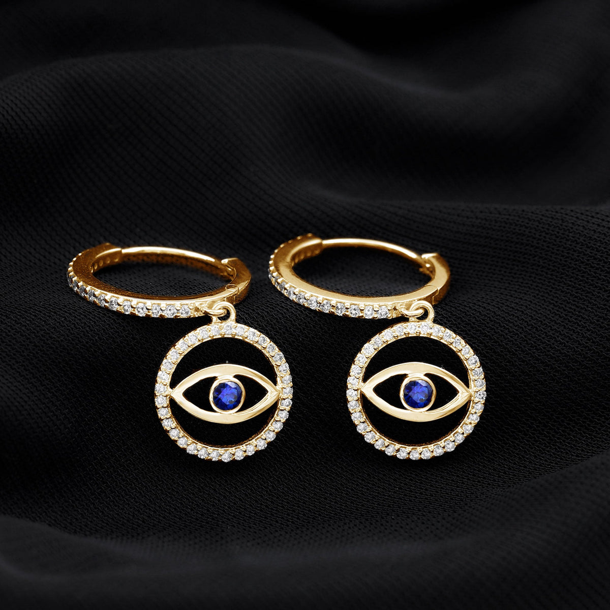 Real Blue Sapphire and Diamond Evil Eye Hoop Drop Earrings
