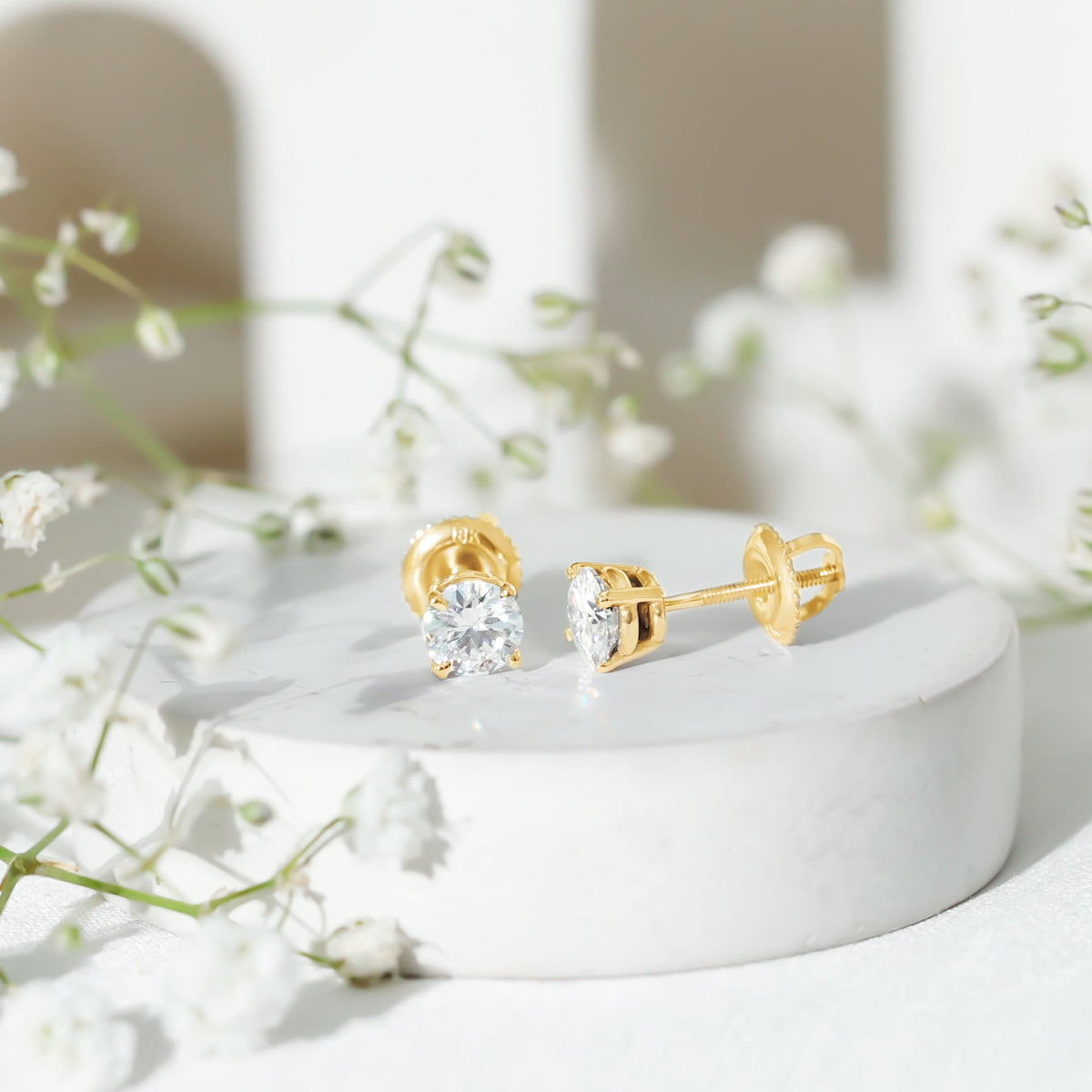 Round Moissanite 1 Carat Stud Earrings with Screw Back