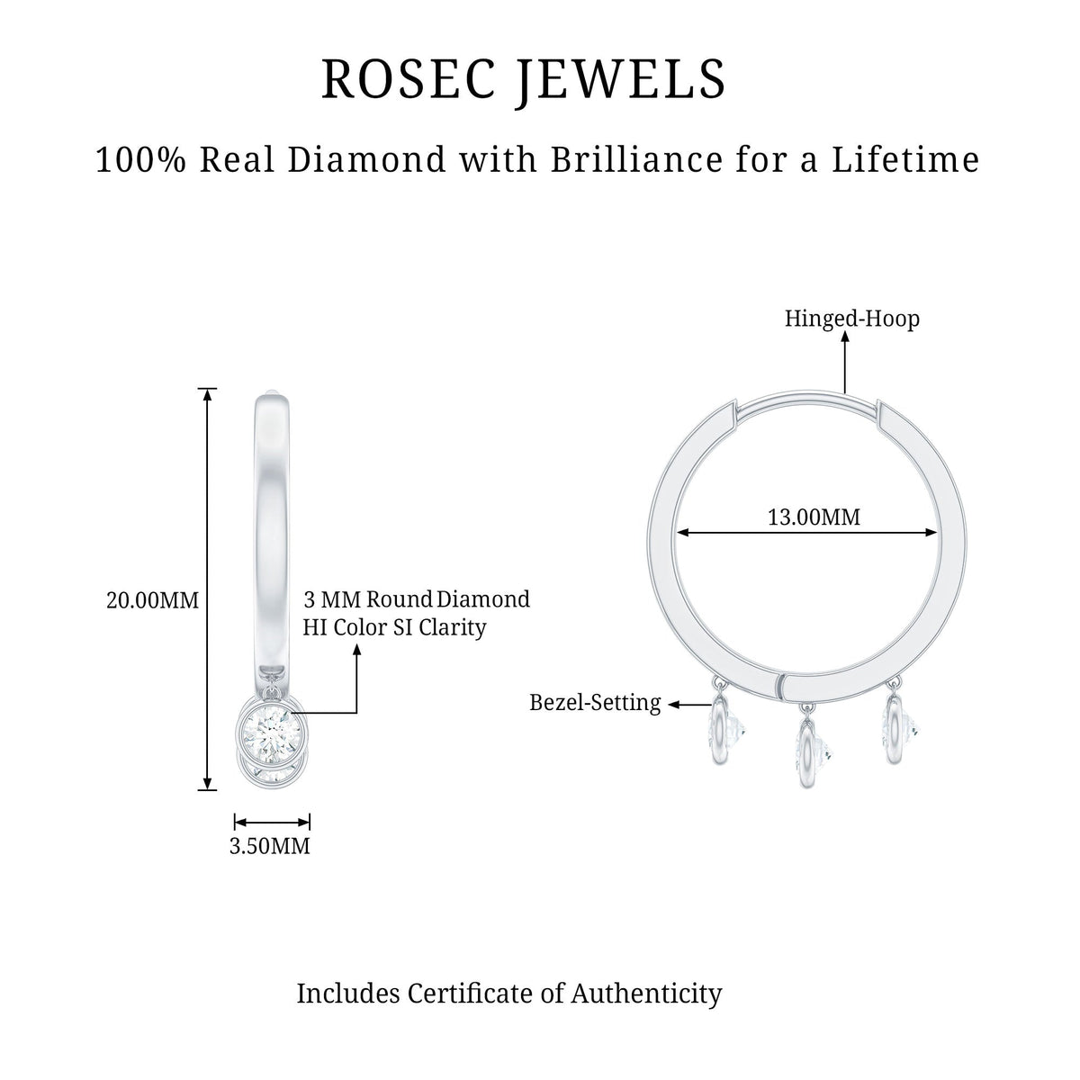Natural 3 Stone Diamond Drop Hoop Earrings