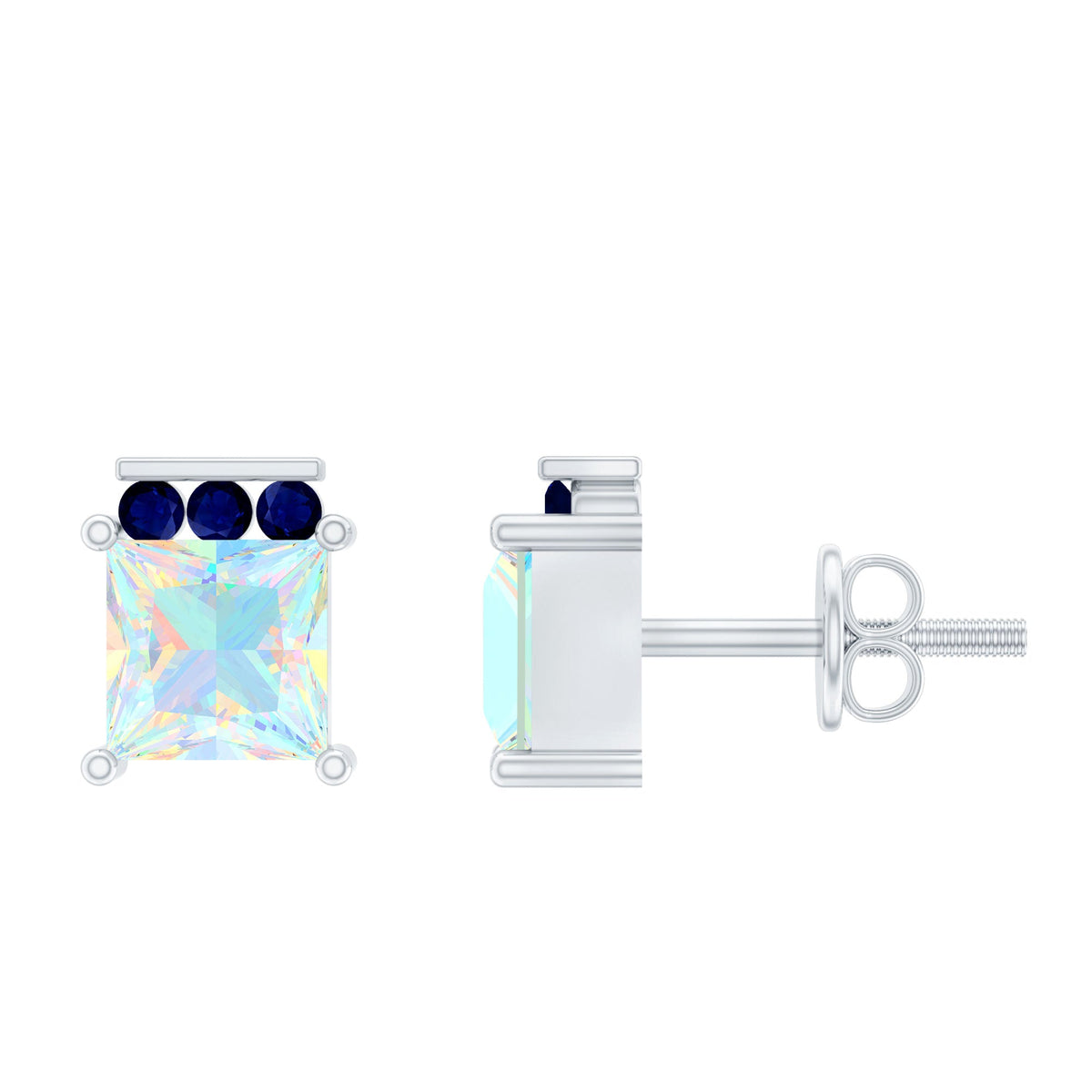 Princess Cut Ethiopian Opal Stud Earrings with Blue Sapphire Trio