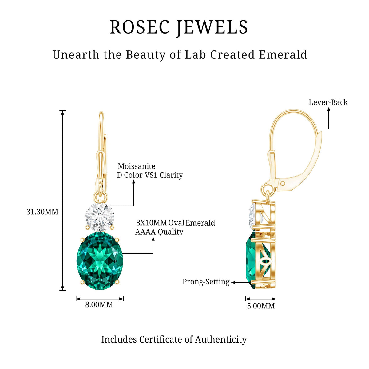 Lab Grown Emerald Oval Drop Earrings With Moissanite