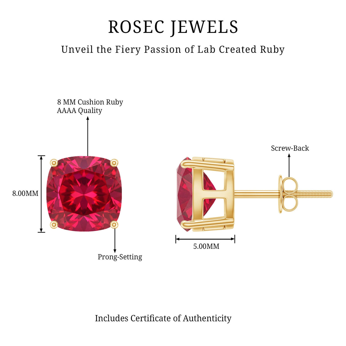 4 Carat Cushion Cut Created Ruby Solitaire Stud Earrings