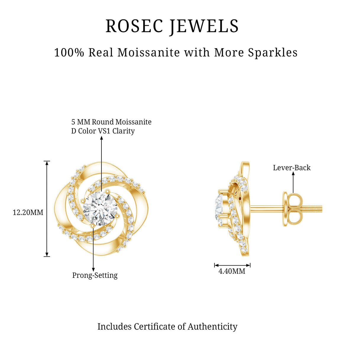 1 CT Round Shape Moissanite Swirl Stud Earrings