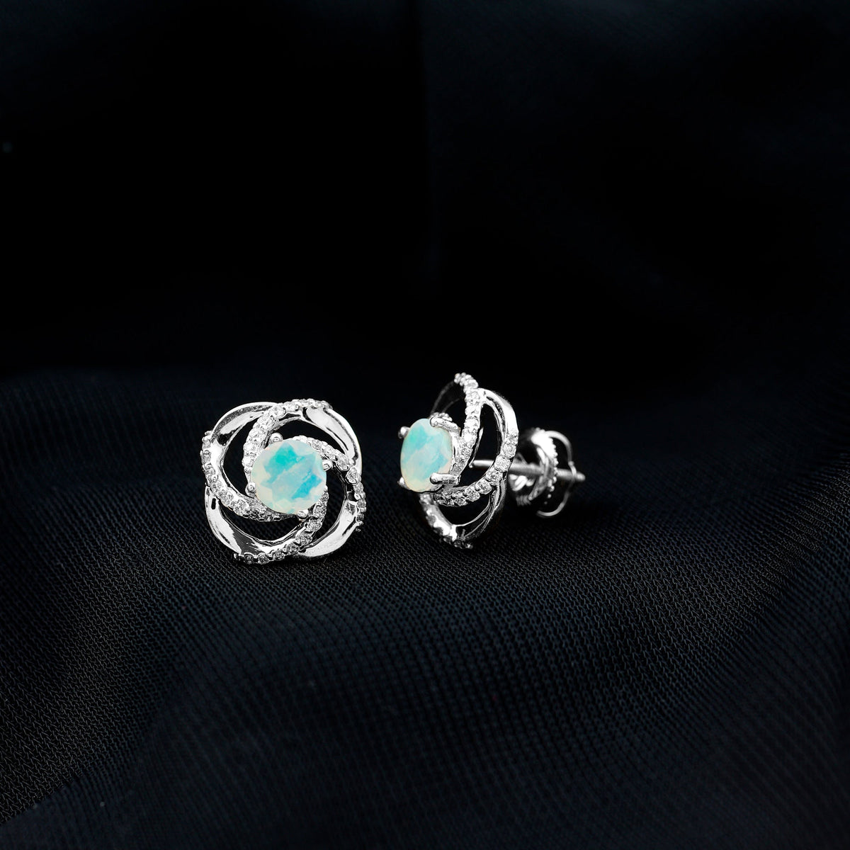 Genuine Ethiopian Opal and Diamond Swirl Stud Earrings