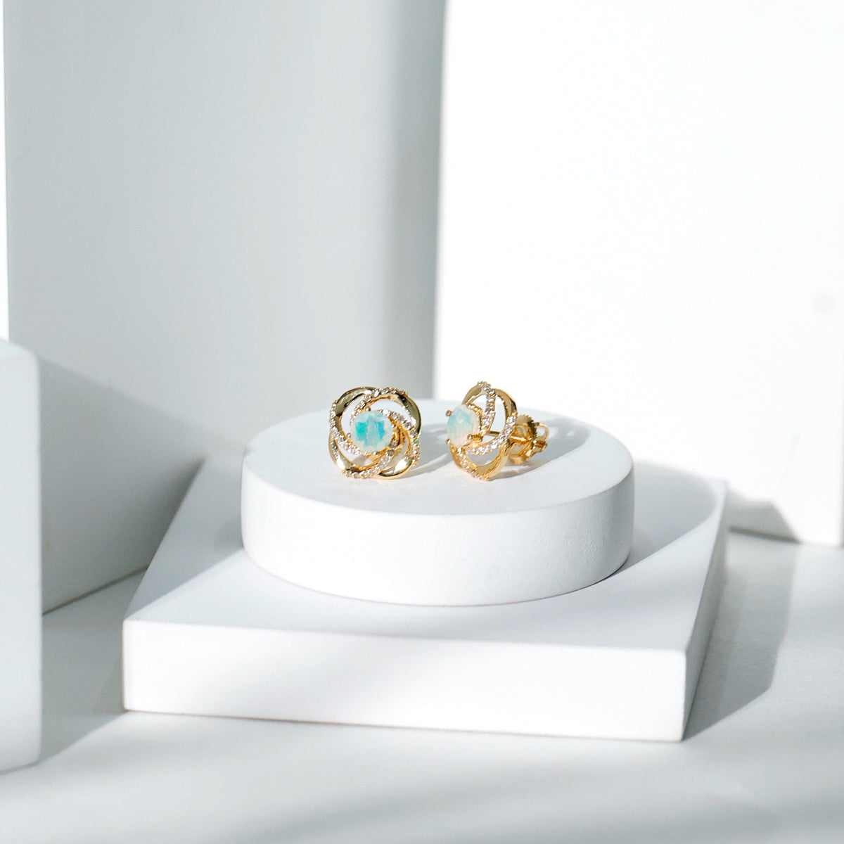Genuine Ethiopian Opal and Diamond Swirl Stud Earrings