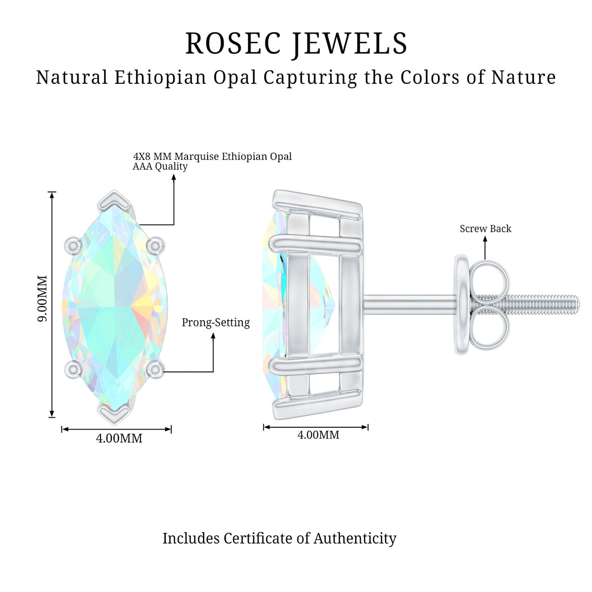 Certified Real Marquise Ethiopian Opal Earrings with Screw Back