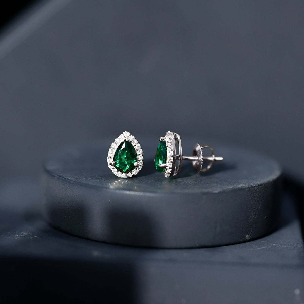 Lab Created Emerald Teardrop Stud Earrings with Diamond Halo