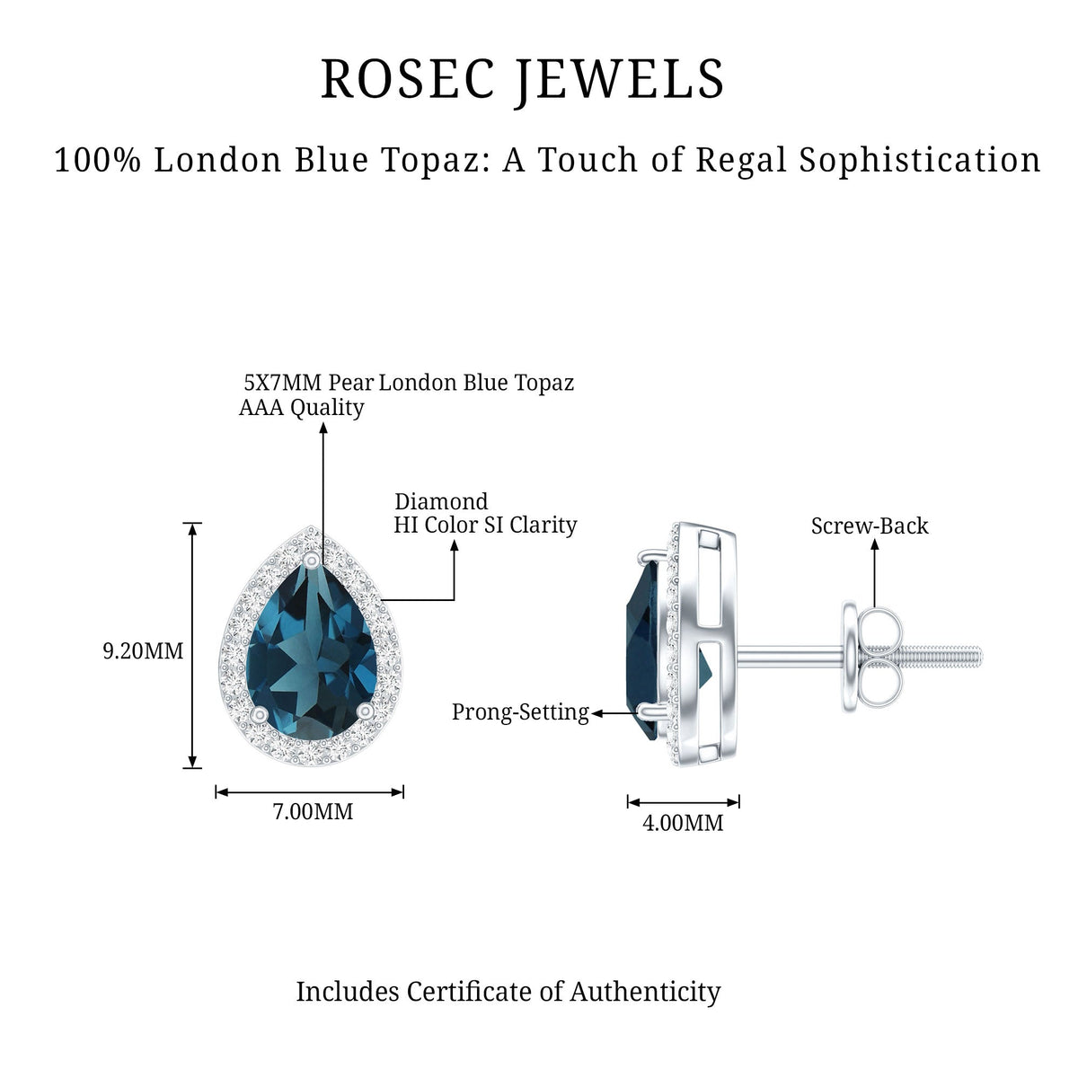 Real London Blue Topaz Teardrop Stud Earrings with Diamond Halo