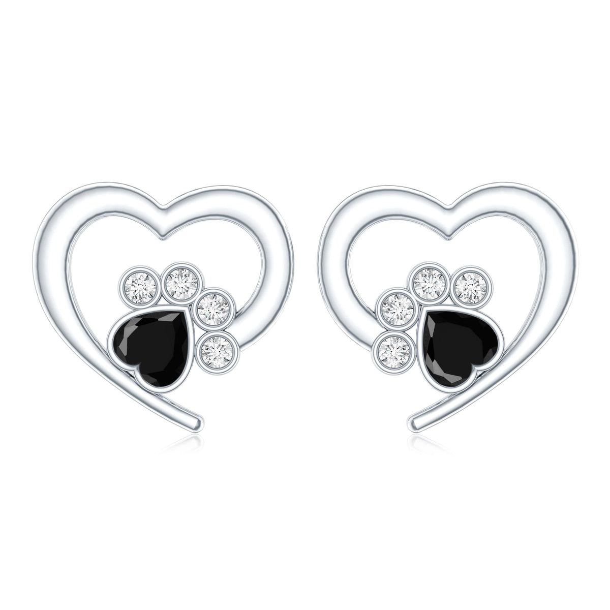 Heart Shape Black Spinel Paw Stud Earrings with Moissanite