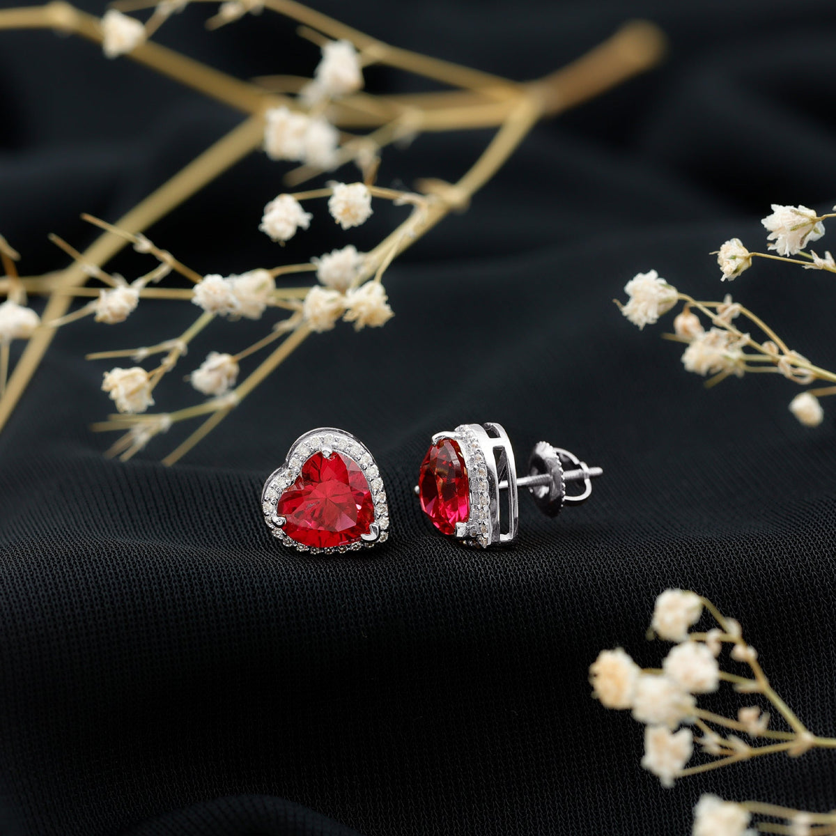 Heart Shape Lab Grown Ruby Stud Earrings For Her