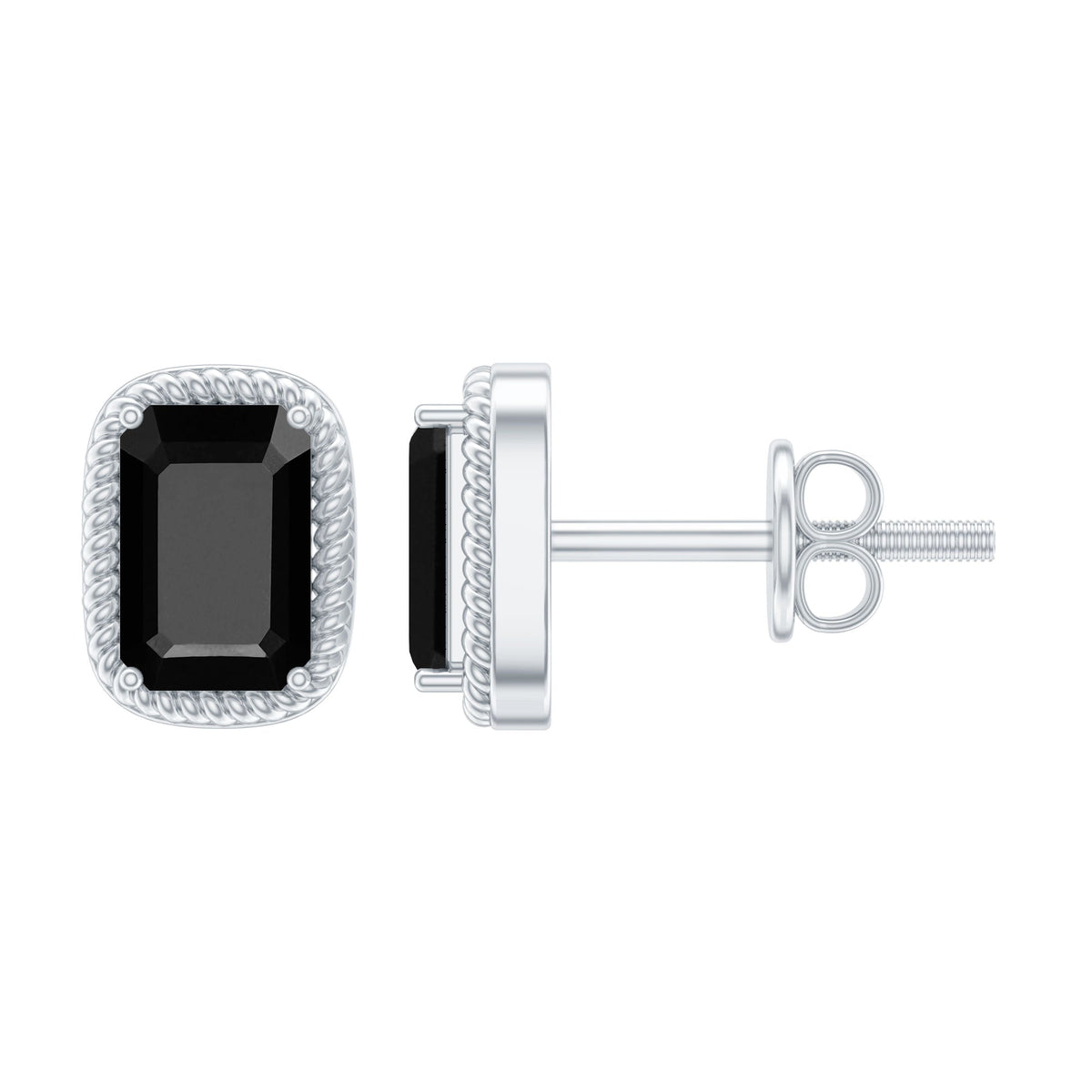 Genuine Black Onyx Emerald Cut Stud Earring with Twisted Rose Frame