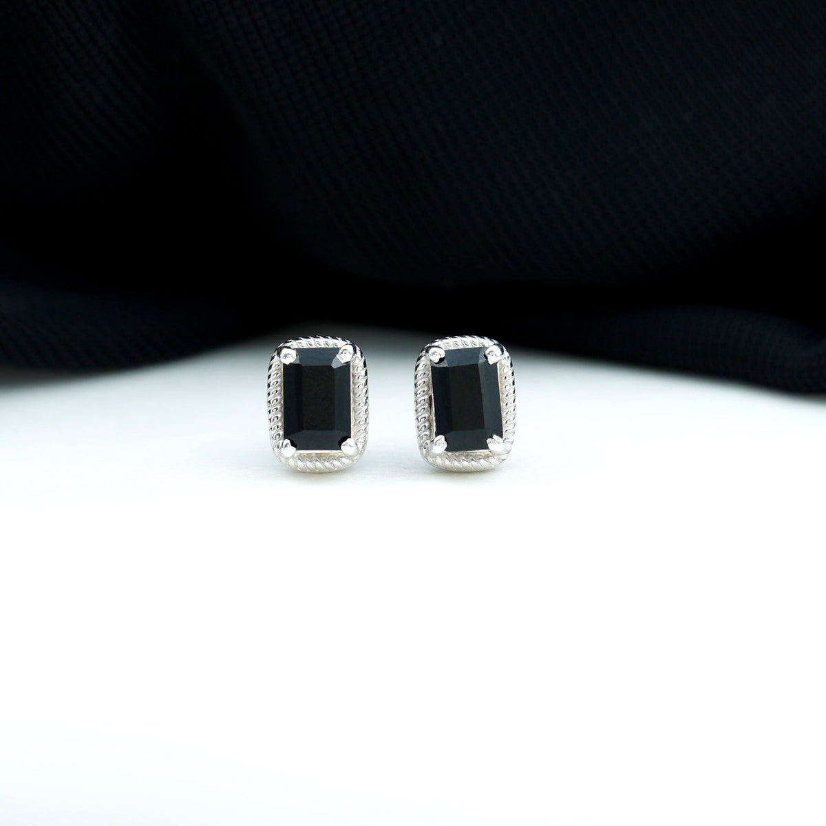 Genuine Black Onyx Emerald Cut Stud Earring with Twisted Rose Frame