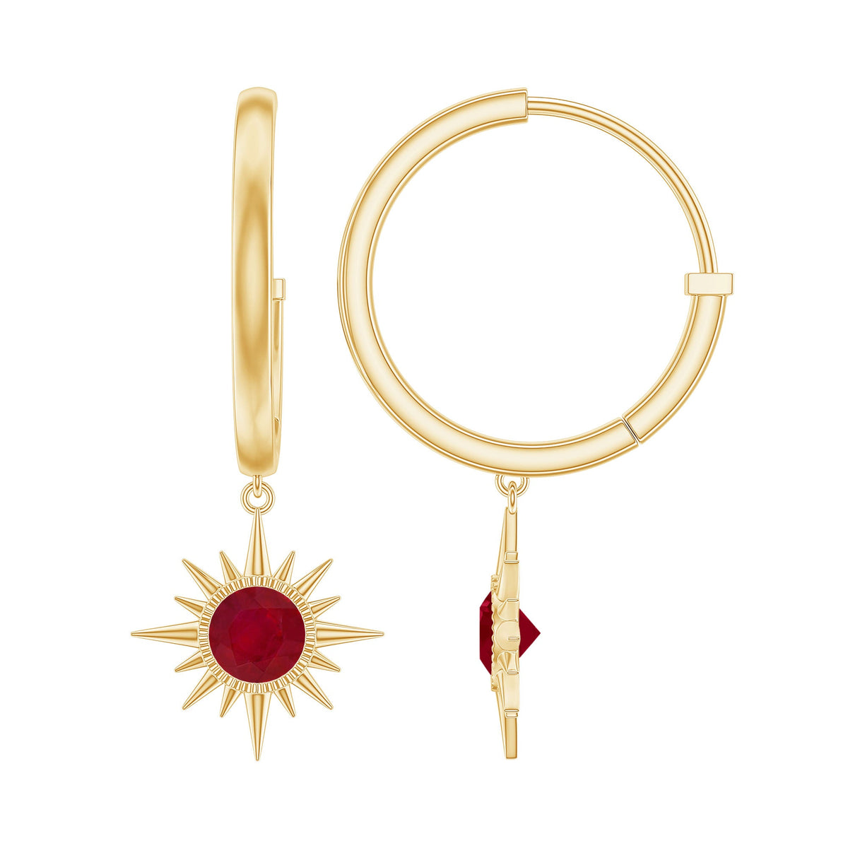 Natural 0.5 Carat Ruby Sunburst Drop Hoop Earrings for Women