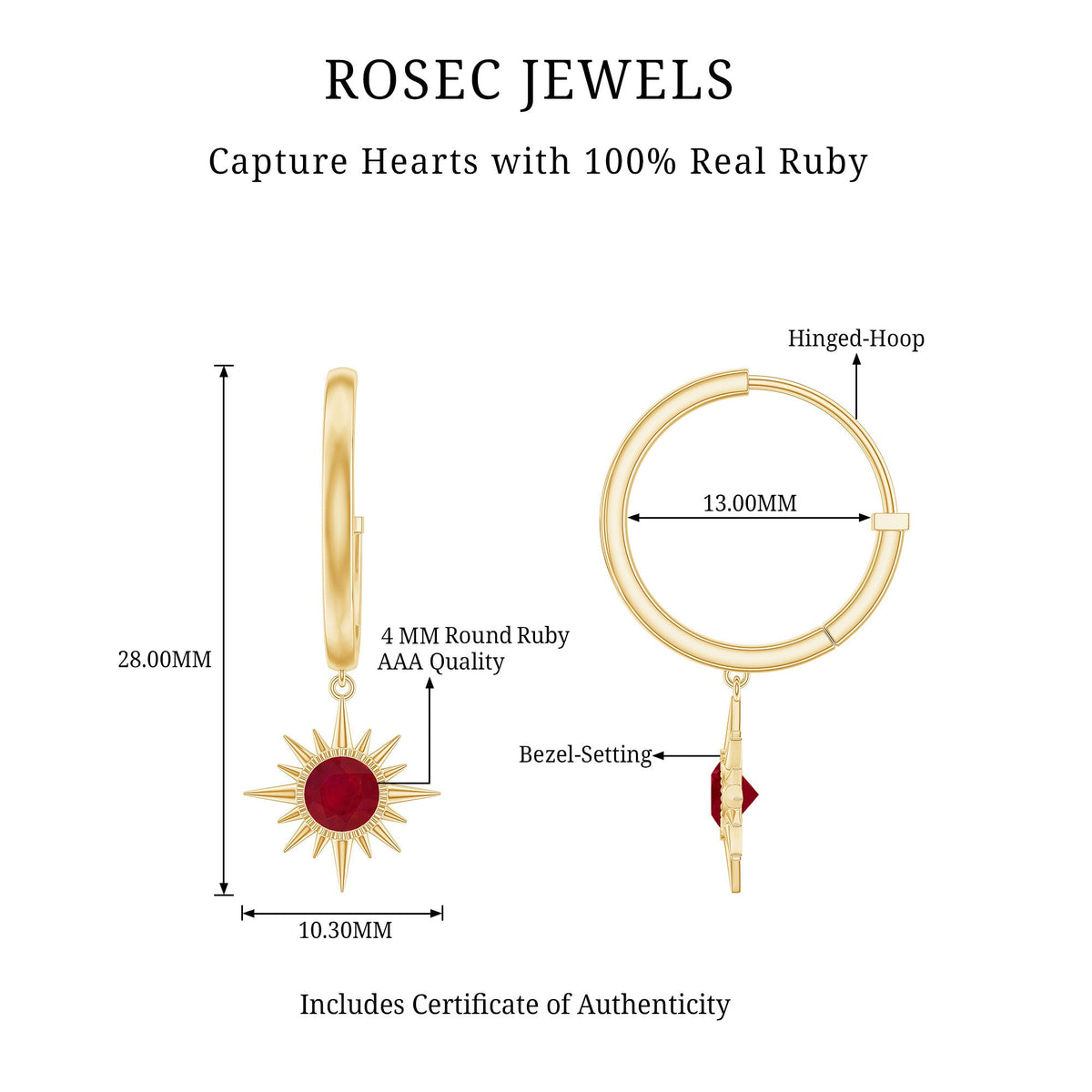 Natural 0.5 Carat Ruby Sunburst Drop Hoop Earrings for Women