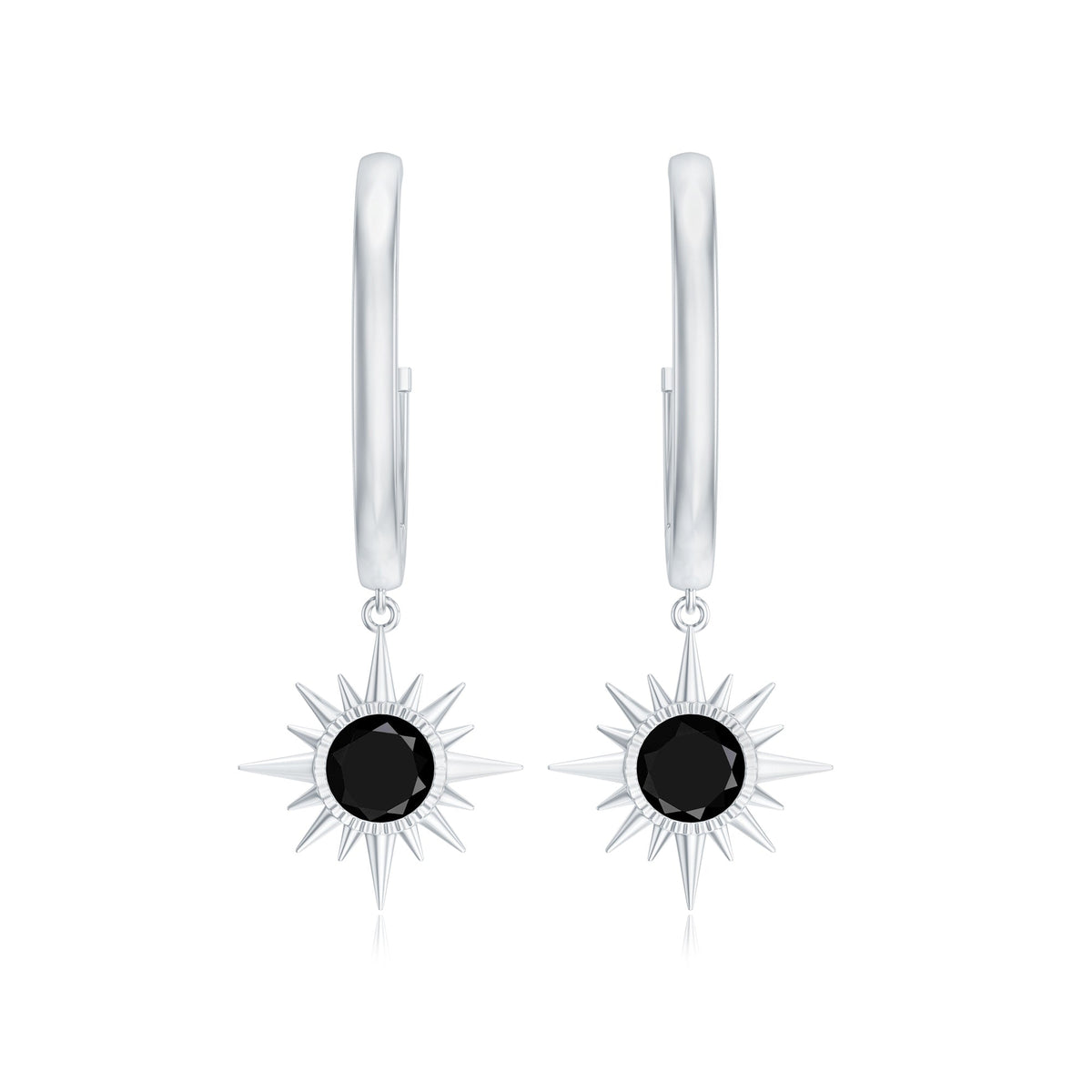 Natural Black Onyx Sunburst Hoop Drop Earrings