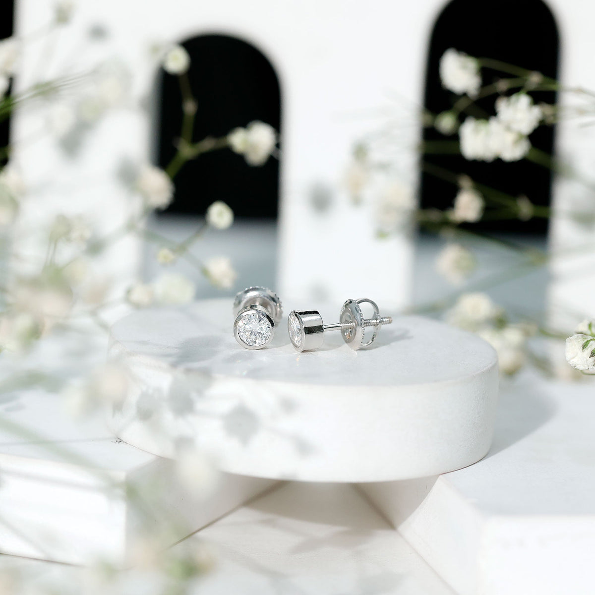 Certified Moissanite Solitaire Stud Earrings in Bezel Setting