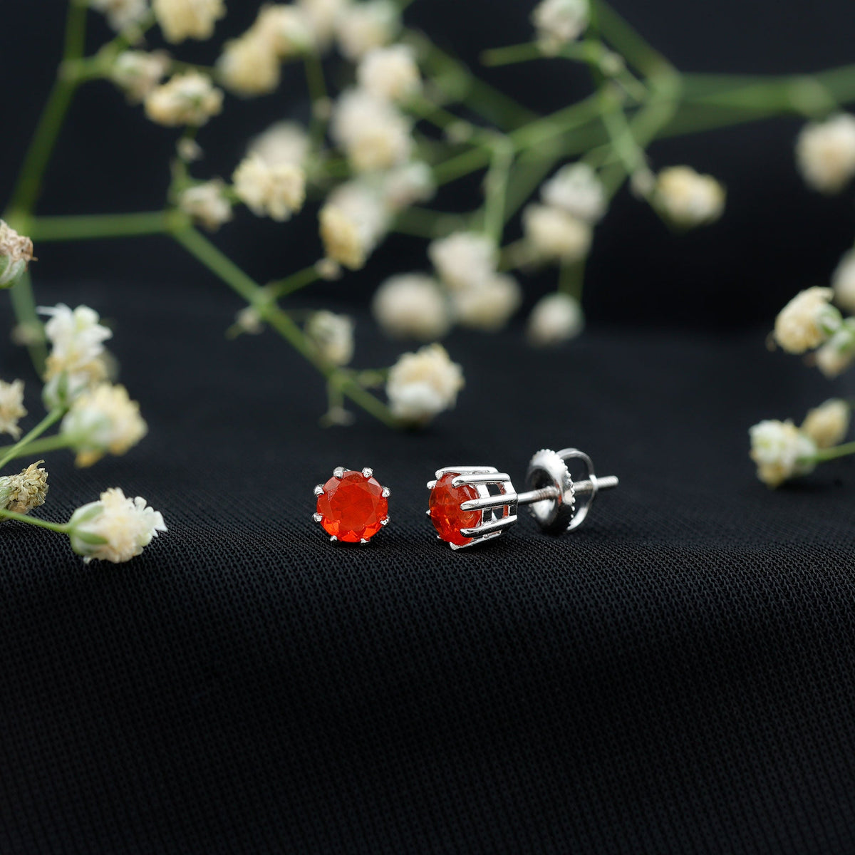 Natural Fire Opal Solitaire Stud Earrings for Women