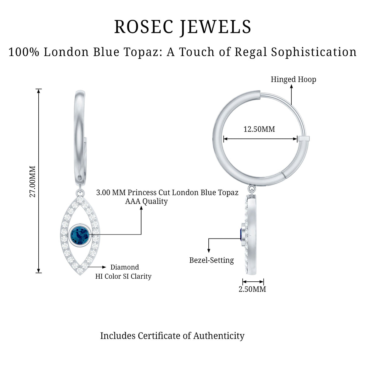 Real London Blue Topaz and Diamond Evil Eye Hoop Earrings