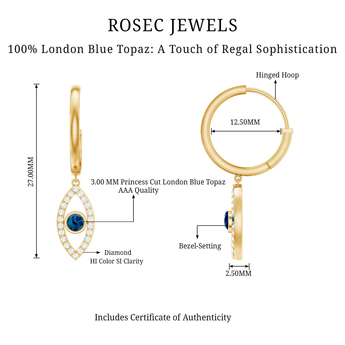 Real London Blue Topaz and Diamond Evil Eye Hoop Earrings
