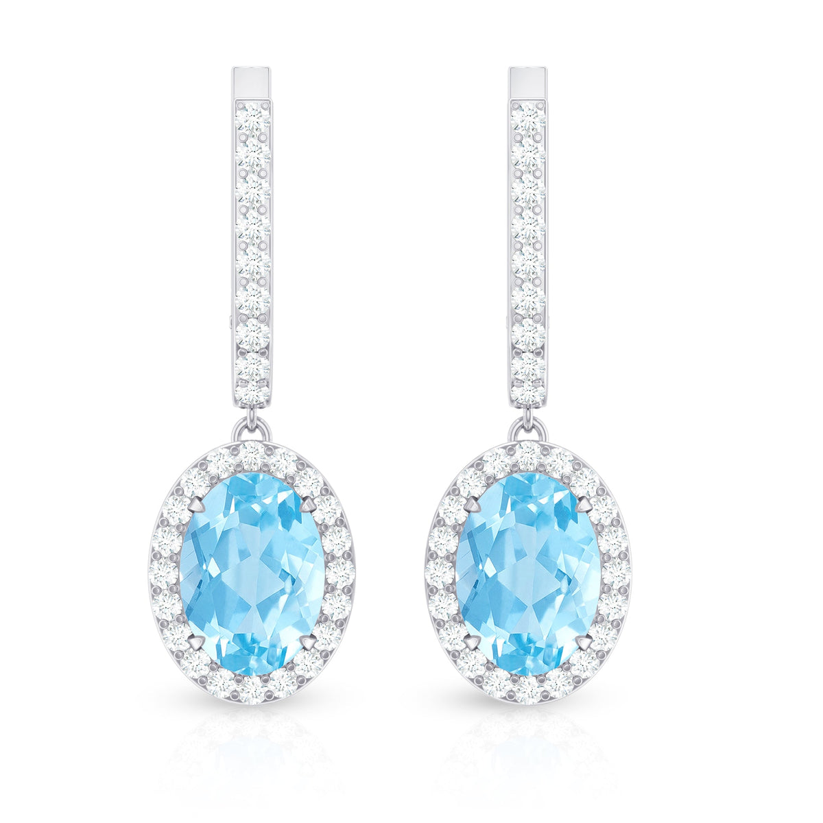 Natural 2.2 Carat Oval Aquamarine Drop Earrings with Diamond Halo
