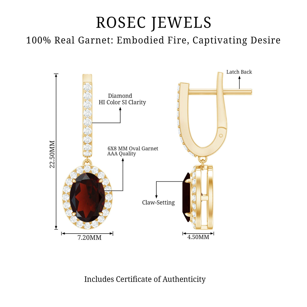 Oval Garnet and Diamond Hoop Drop Earrings with Latch Back