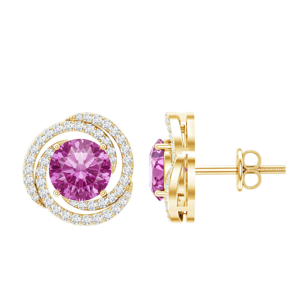 2 Carat Lab Created Pink Sapphire and Diamond Swirl Stud Earrings