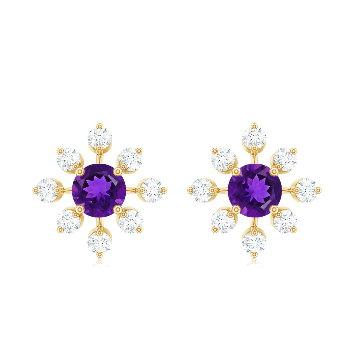 Natural Amethyst Diamond Snowflake Earrings with Screw Back