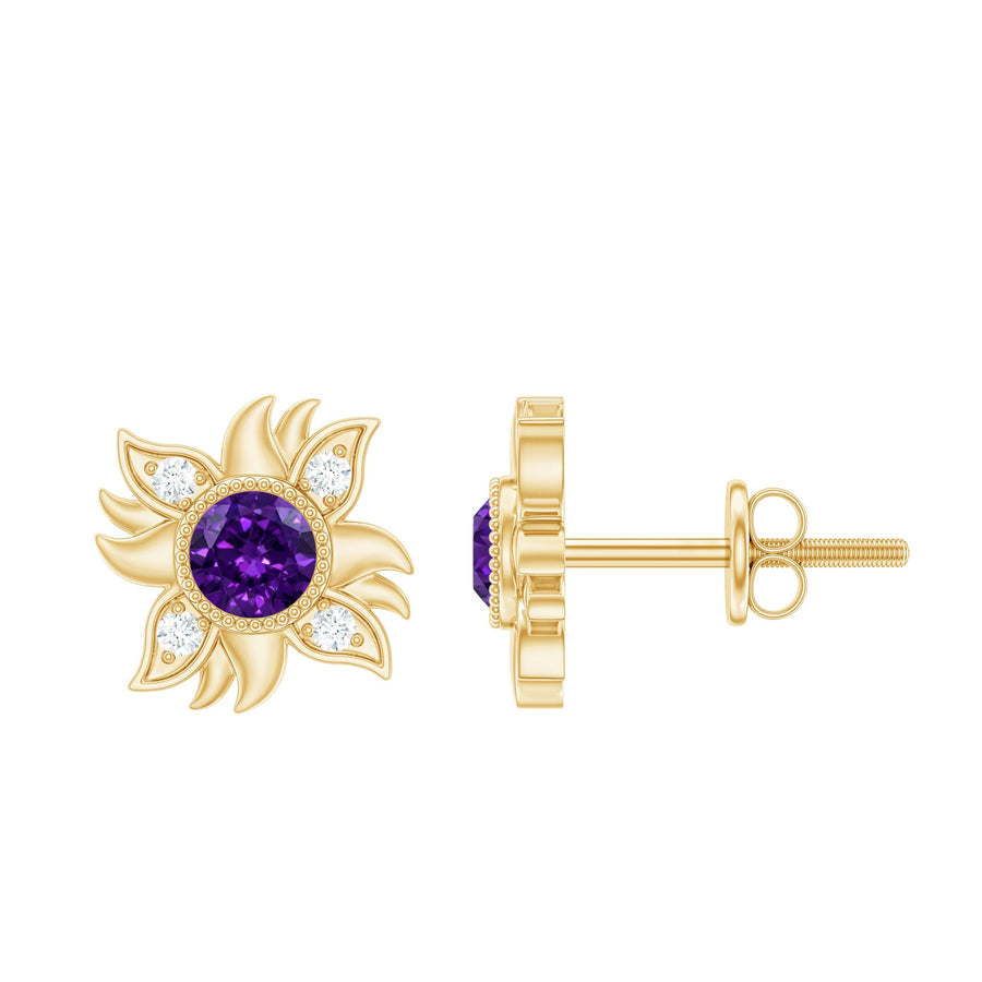 0.9 Carat Round Shape Amethyst and Diamond Sunburst Stud Earrings