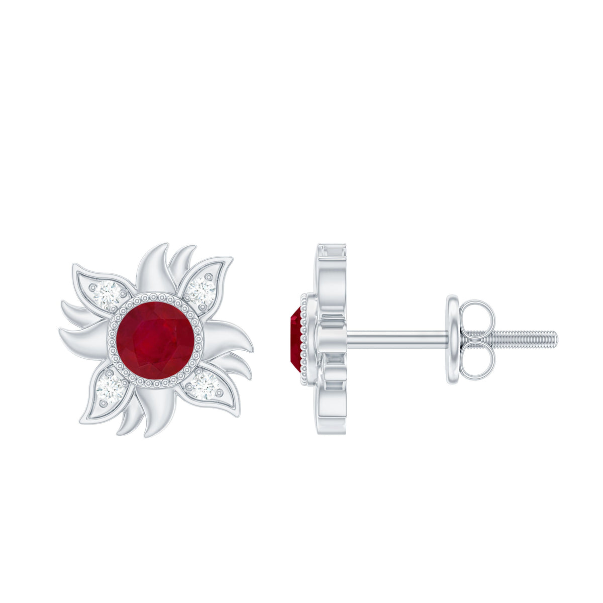 Real Ruby Diamond Sunburst Earrings with Screw Back