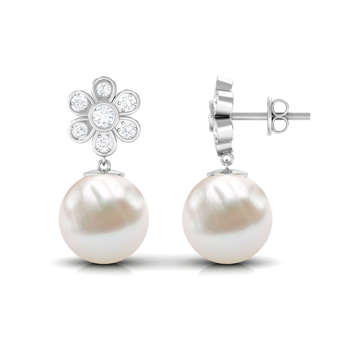 Cultured Freshwater Pearl Drop Earrings with Diamond Flower