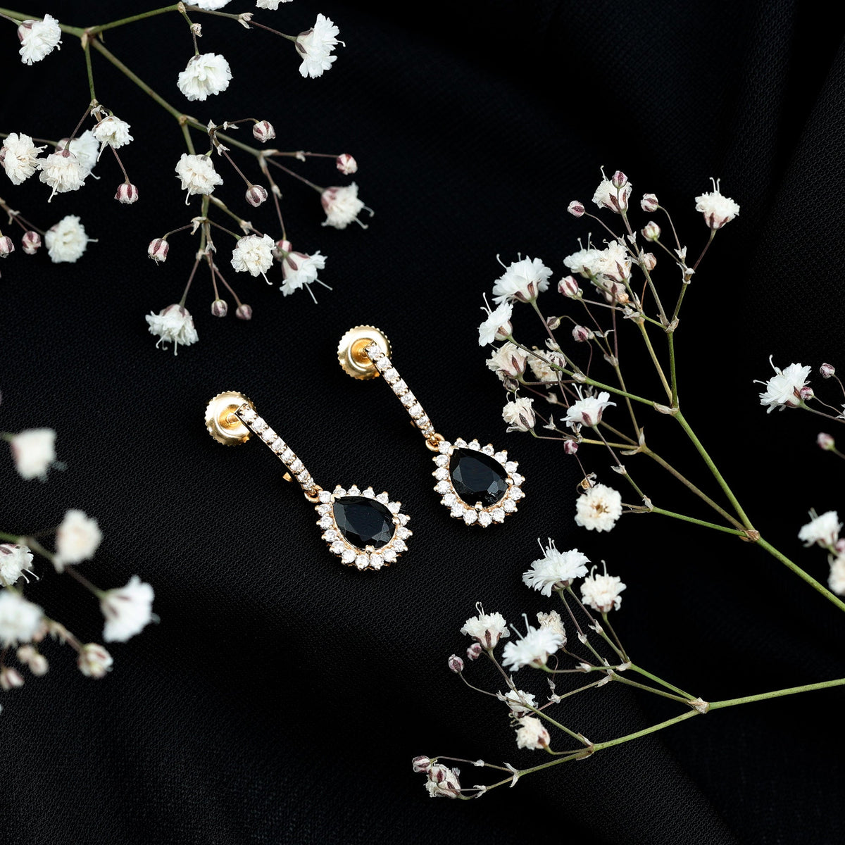 Black Onyx and Moissanite Bridal Teardrop Earrings