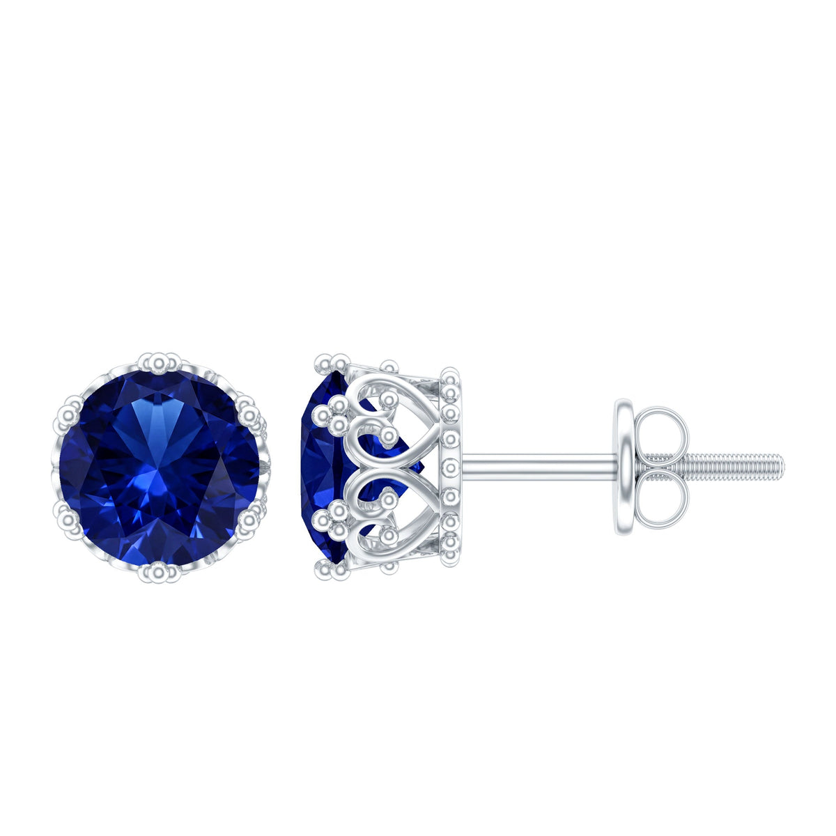 2 Carat Solitaire Lab Created Blue Sapphire Crown Stud Earrings