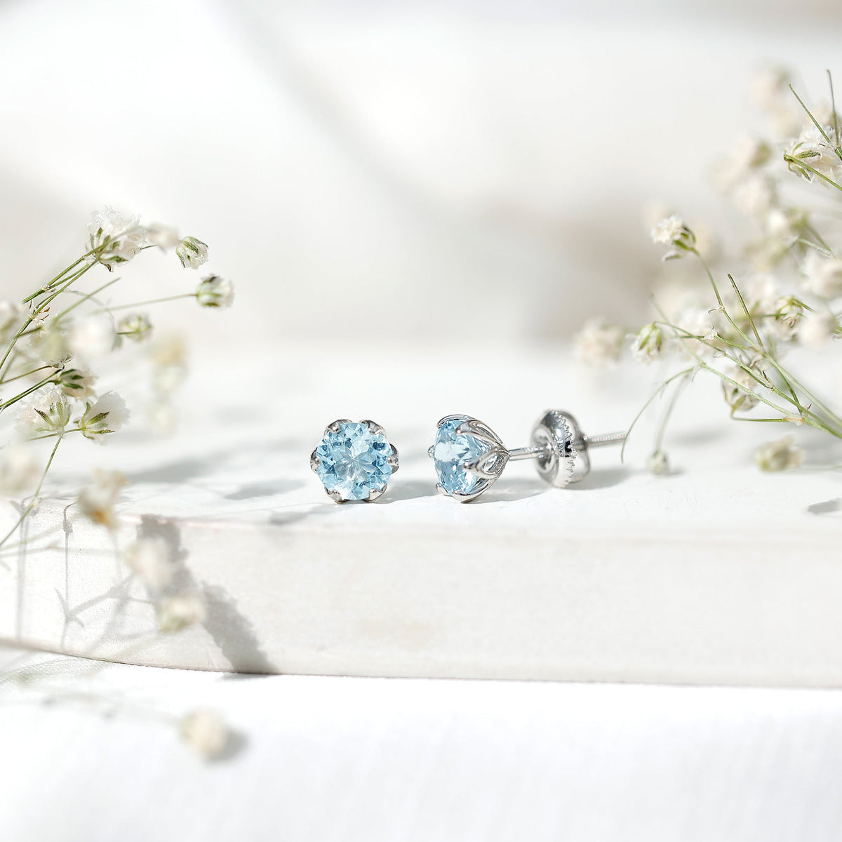 Lotus Basket Set Aquamarine Stud Earrings for Her