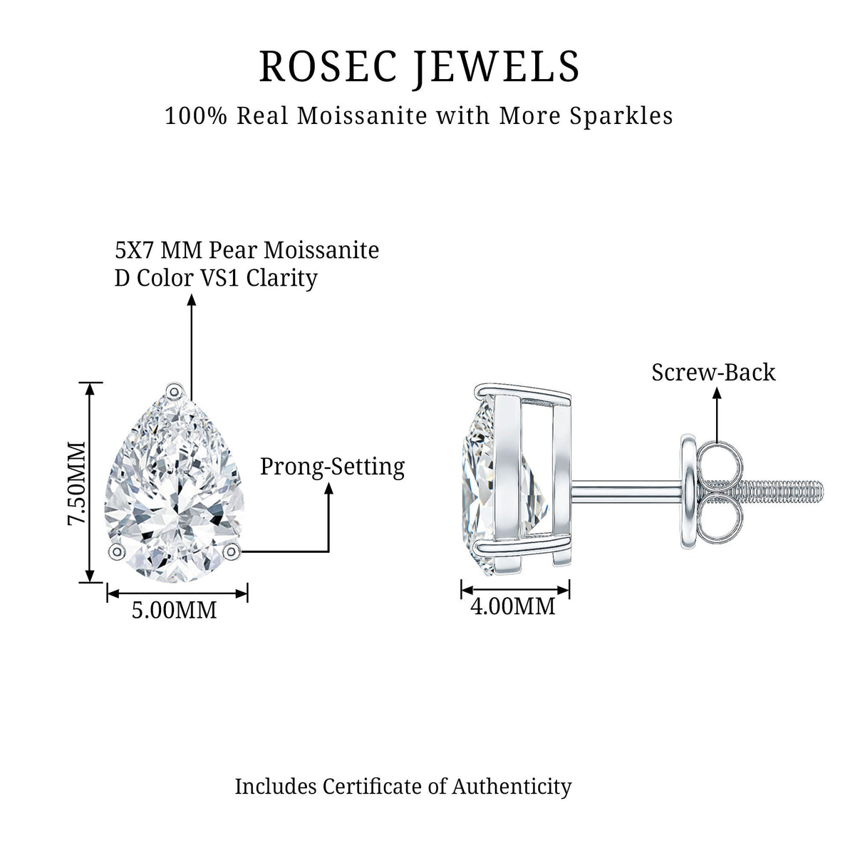 1.5 Carat Pear Cut Moissanite Teardrop Stud Earrings
