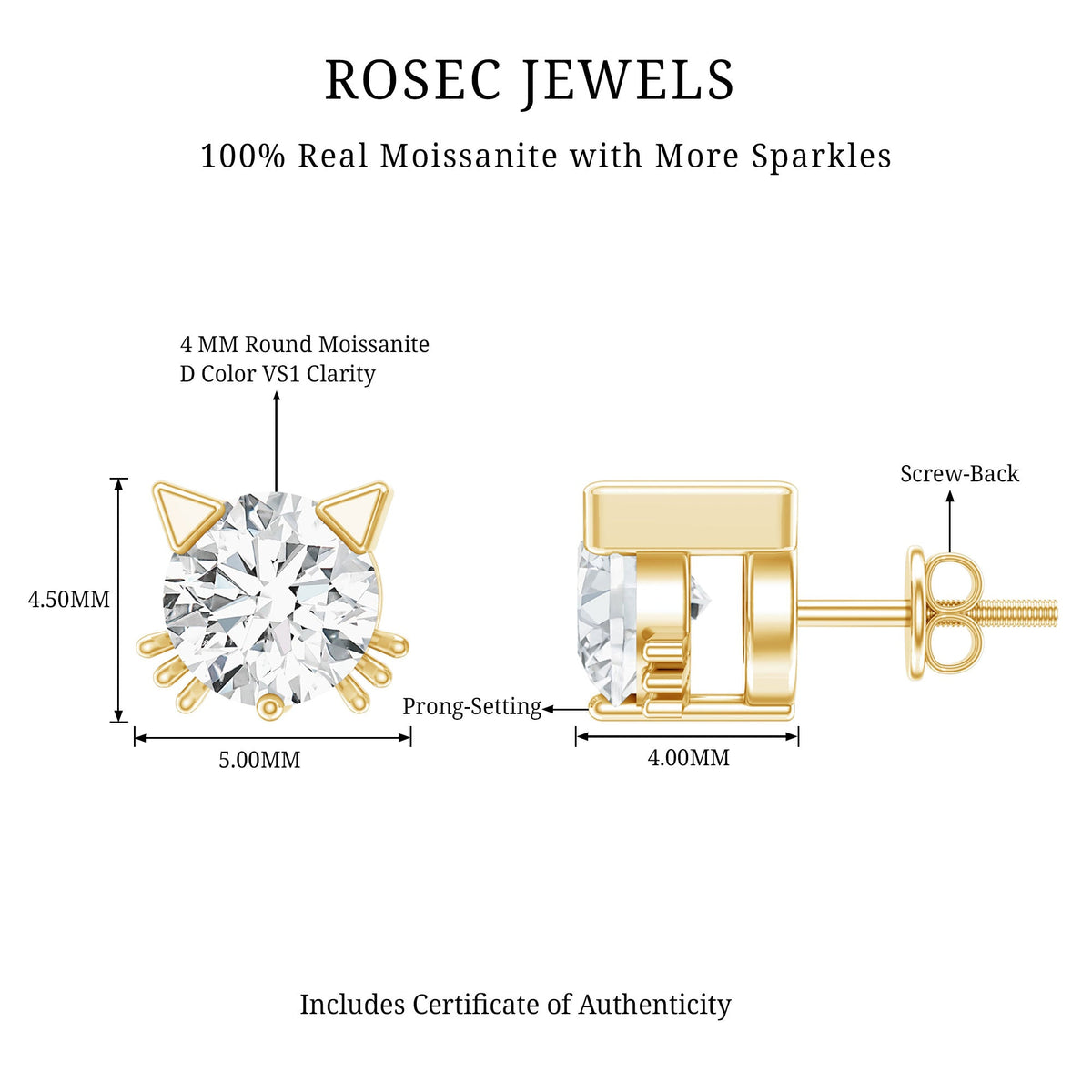 Dainty Round Shape Moissanite Cat Stud Earrings